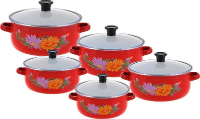Set tenxhere dhe tiganë Klausberg KB-7170-RD, 10 pjesë, emaluar, të kuqe