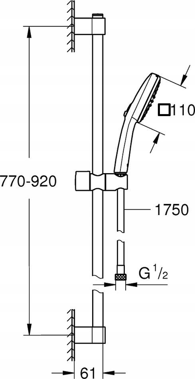 Set dushi Grohe Tempesta Cube 110, shinë 90 cm, mat i zi