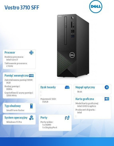 Kompjuter desktop Dell Vostro 3710 SFF, Core i7 12700, 8GB RAM, 512GB SSD, i zi