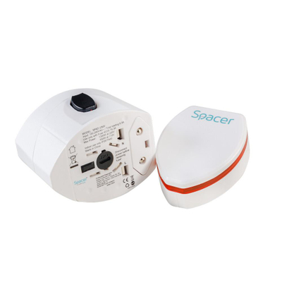 Универзален патен адаптер SPACER, 2x USB, 110–250V, бел