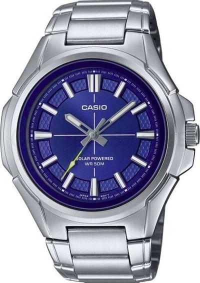 Orë dore Casio MTP RS100D 2A, analoge, diellore, çelik inox, blu