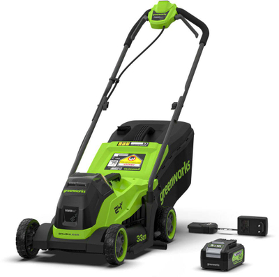 Kosarese elektrike Greenworks MO24L411-01, 24V, 33 cm, me bateri 4 Ah dhe karikues