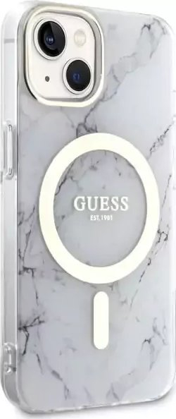 Mbulesë telefoni Guess GUHMP14MPCUMAH Marble MagSafe, për iPhone 14 Plus 6.7", efekt mermeri, e bardhë