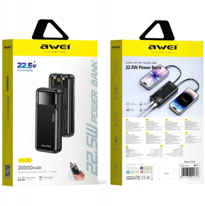 Bateri e jashtme Awei PA-93, 20000mAh, 22.5W, e zezë
