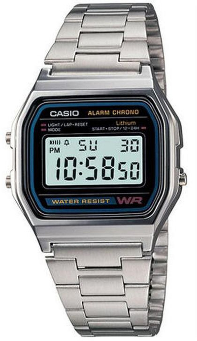 Ora digjitale Casio A158WA-1, kronometër, rezistente ndaj ujit, argjend