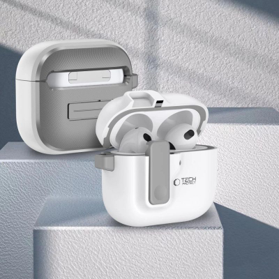 Mbulesë Tech-Protect Slim Hook për Apple AirPods 4, polikarbonat, me karabinë, e bardhë