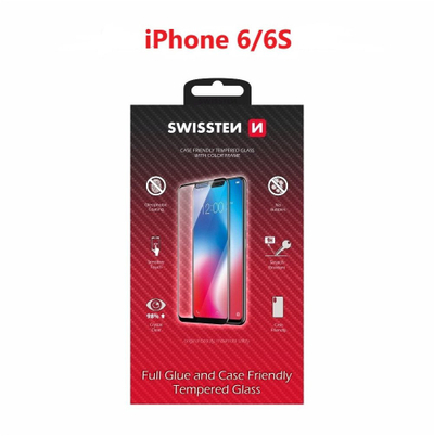 Mbrojtës ekrani Swissten Case Friendly për iPhone 6 6S, xham i temperuar, i zi