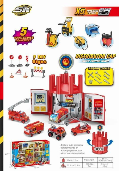 Set lojrash Maksik Parking Fire Truck Maintenance Station SK-108G, stacion zjarrfikësash, paloset, i kuq