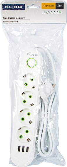 Shirit zgjatues Blow, 4 priza, 3x USB, 2m, i bardhë