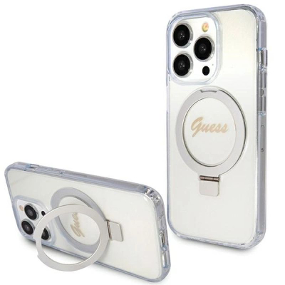 Mbrojtëse telefoni Guess Script Glitter për iPhone 15 Pro 6.1", me MagSafe dhe unazë mbajtëse, transparente