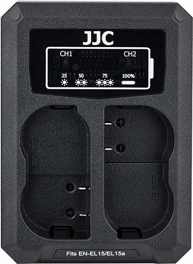Karikues baterie JJC me dy kanale, për Nikon EN-EL15 EN-EL15a EN-EL15b, me dy dalje USB, ngjyrë e zezë