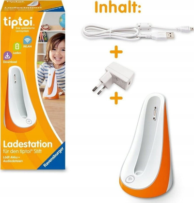 Stacion karikimi Ravensburger tiptoi Ladestation me Wi‑Fi, për stilolaps gjenerata e 4‑t, portokalli me të bardhë