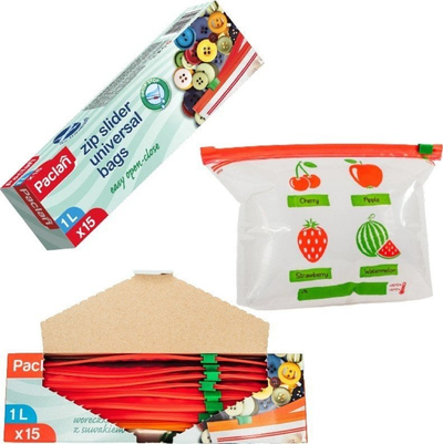 Qese plastike me mbyllje zinxhir PACLAN, set 15 copë, 1L, transparente