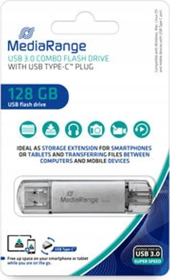 USB flash MediaRange MR938, 128GB, USB 3.0, Type C, ngjyrë argjendi