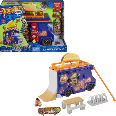 Set lojrash Hot Wheels Skate Taco Truck, kamion rampë 49.8 cm, me fingerboard dhe këpucë skate për gishta