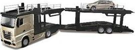 Камион играчка Bburago StreetFire MB Actros, транспортер за автомобили 1:43, со автомобил играчка, шарен