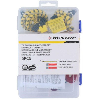 Set rripash lidhës Dunlop 5 copë, litarë elastikë, kuti plastike transparente