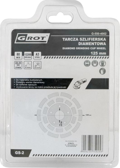 Rrotë bluarëse me diamant Grot GS-2, 125mm, për beton dhe gur, e artë