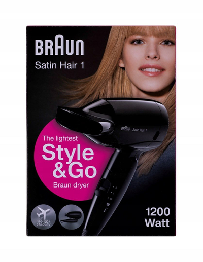 Tharëse flokësh Braun Satin Hair 1 HD 130 To Go, kompakte për udhëtim, 1200W, e bardhë