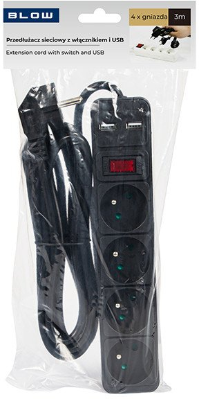 Zgjatues elektrik BLOW PR-370WSP/USB, 4 priza 2xUSB, 3m, i zi