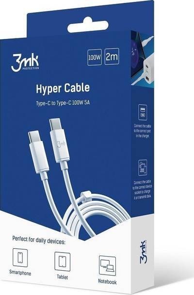 Kabllo USB 3MK USB C në USB C, 2 m, e bardhë