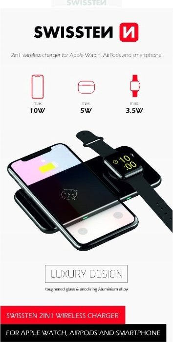 Karikues pa tela Swissten 2n1, USB C, për telefon dhe Apple Watch, i zi
