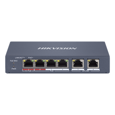 Switch PoE Hikvision DS-3E1106HP-EI, 4 porta PoE, 2 porta RJ45, gri