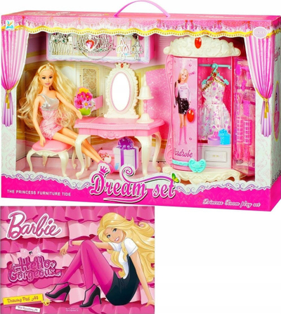 Set lojrash Barbie Dream Set, dhomë princeshe me garderobë dhe tualet, rozë