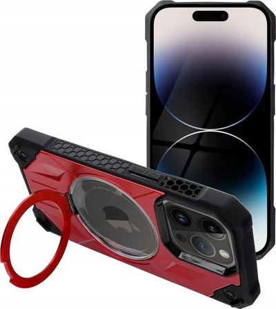 Kapak silikoni Armor Mag për iPhone 15, MagSafe, me mbajtëse, i kuq