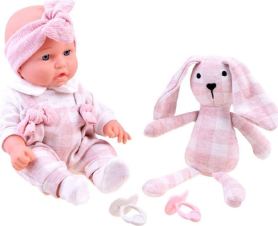 Set lodër kukull bebe me lepurush pelushi Za3828, 30cm, me biberonë, rozë