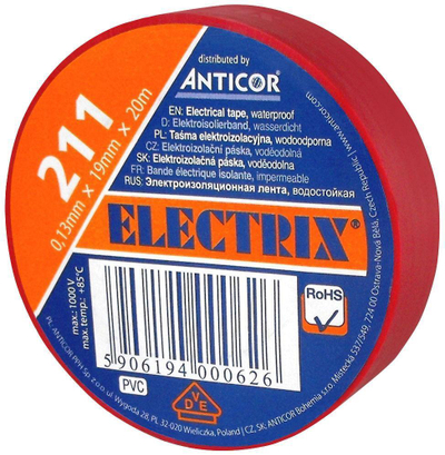 Shirit izolues elektrik Anticor PVC, 19mm x 20m, i kuq