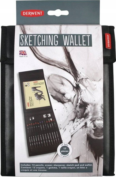 Set skicimi Derwent Sketching Wallet, 17 pjesë, me bllok vizatimi, i zi