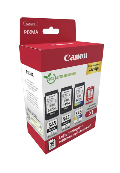 Кертриџи боја Canon PG-545XL CL-546XL, пакет 3 парчиња, XL, со 50 листови фотохартија