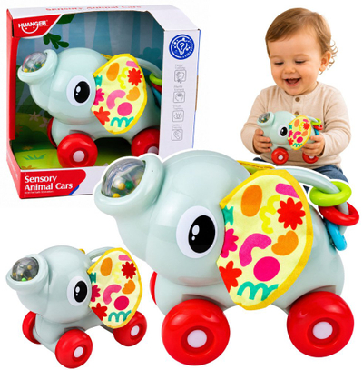 Lodër senzoriale LeanToys Elefant me rrota, për fëmijë 18m+, gri
