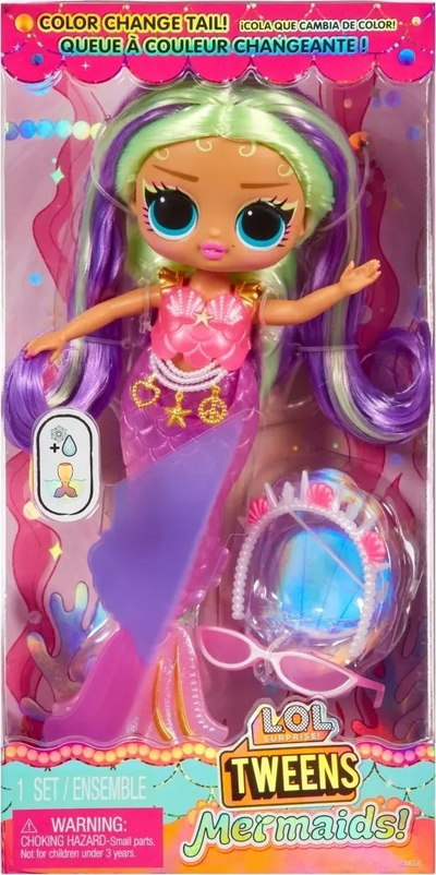 Kukull L.O.L. Surprise Tweens Mermaids, bisht që i ndërron ngjyrë, me aksesorë, rozë