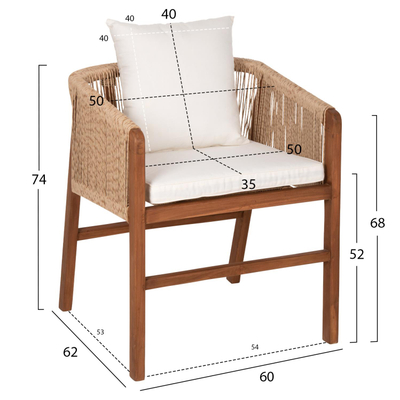 Karrige druri teak me litar & jastëkë 60×62×74–88 cm (HM9455.01)