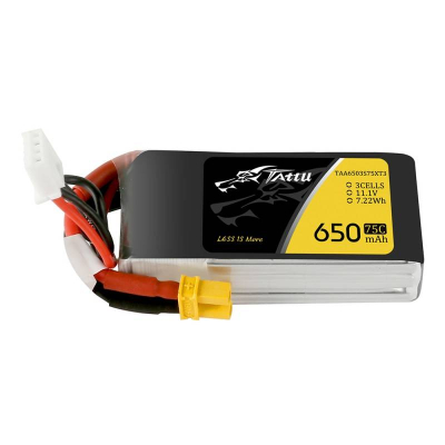 Bateri LiPo Tattu 650mAh 3S1P, 11.1V, 75C, e zezë
