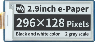 Display E-paper Waveshare 19408, 2.9", 296x128, SPI, i zi e bardhë