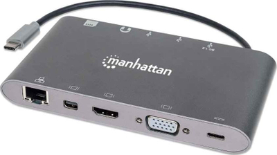 Dock USB C Manhattan me 8 porta, HDMI, VGA, RJ45, lexues kartash, gri