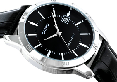 Ora dore për meshkuj analog, çelik inox, rrip lëkure, e zezë