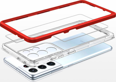 Mbulesë telefoni Hybrid Armor për Samsung Galaxy S21 Ultra 5G, 3 në 1, e tejdukshme, me kornizë të kuqe