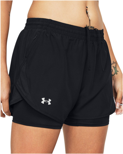 Pantallona të shkurtra sportive Under Armour Fly By 2in1 W, me shorc të brendshëm, me xhep me zinxhir, të zeza