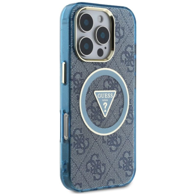 Маска за телефон Guess IML Metal Glitter 4G, MagSafe, за iPhone 16 Pro, сина