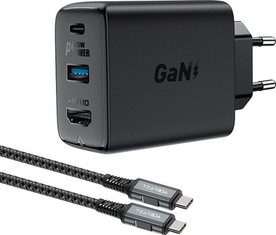 Полнач Acefast 2-в-1 GaN, 65W, USB A и USB C, сив