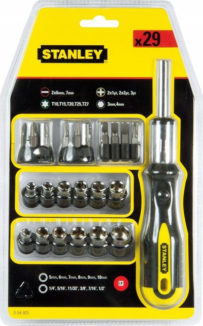 Set kaçavidash me ratchet Stanley 0-54-925, 29 pjesë, me bit-a dhe çelësa soketash