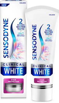 Set pastë dhëmbësh Sensodyne Clinical White, 2 x 75 ml, me fluor, për dhëmbë të ndjeshëm