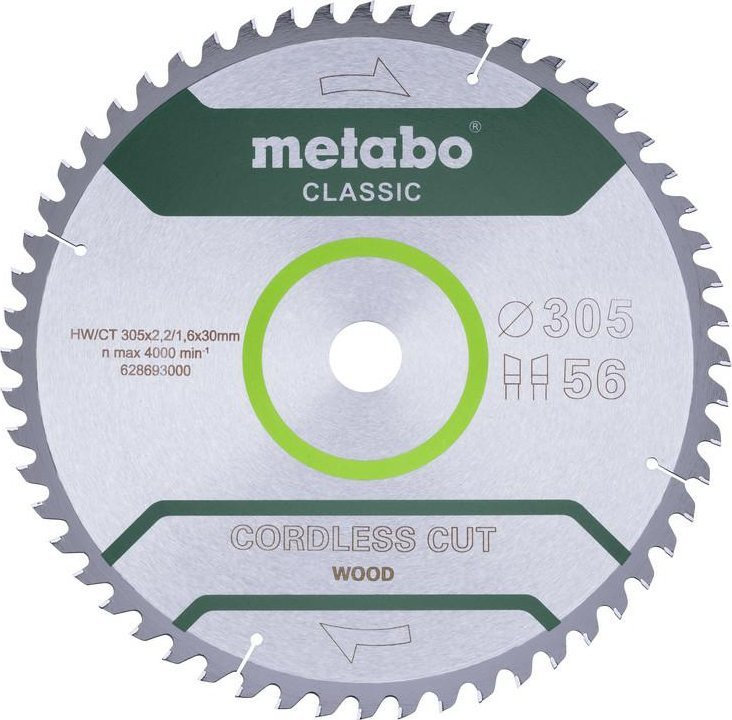 Teh rrethor Metabo Cordless Cut Wood Classic, 305mm, 56 dhëmbë, argjendtë