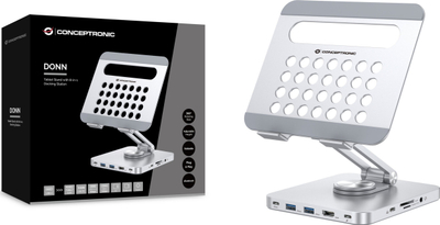 Qëndrim tableti LevelOne Conceptronic DONN26G, stacion docking 8 në 1, PD 100W, argjendtë