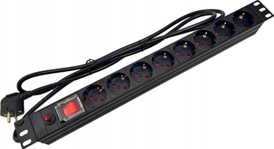 Panel prizash rack ALANTEC 19", 8x CEE 7/3, çelës me mbrojtje nga mbingarkesa, i zi