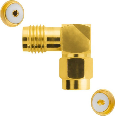 Adapter antene RP-SMA Plug në RP-SMA Socket, 90°, ngjyrë e artë